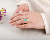 Gemstone Silver Ring - Gold Plated - Amazonite Ring - 7x12mm Rectangle Ring - Double Band - Ring For Mom - Jewelry for Women - Gift for Her